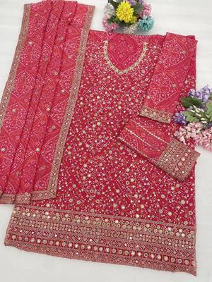 Pink georgette bandhani mirror work dress material set 4