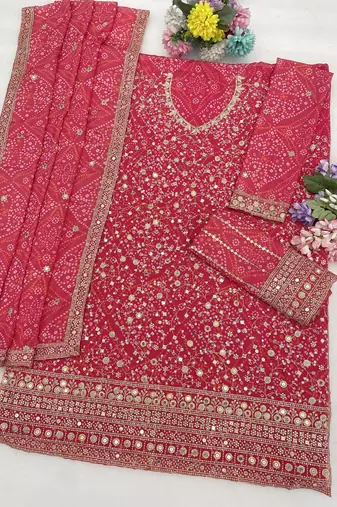 Pink georgette bandhani mirror work dress material set