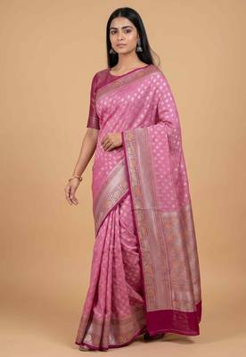 Pink cotton silk banarasi  saree with zari booti & rangkart  work 1