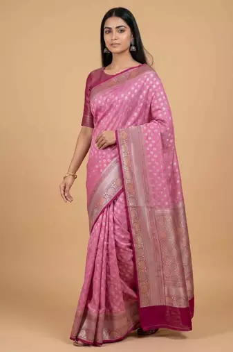 Pink cotton silk banarasi  saree with zari booti & rangkart  work