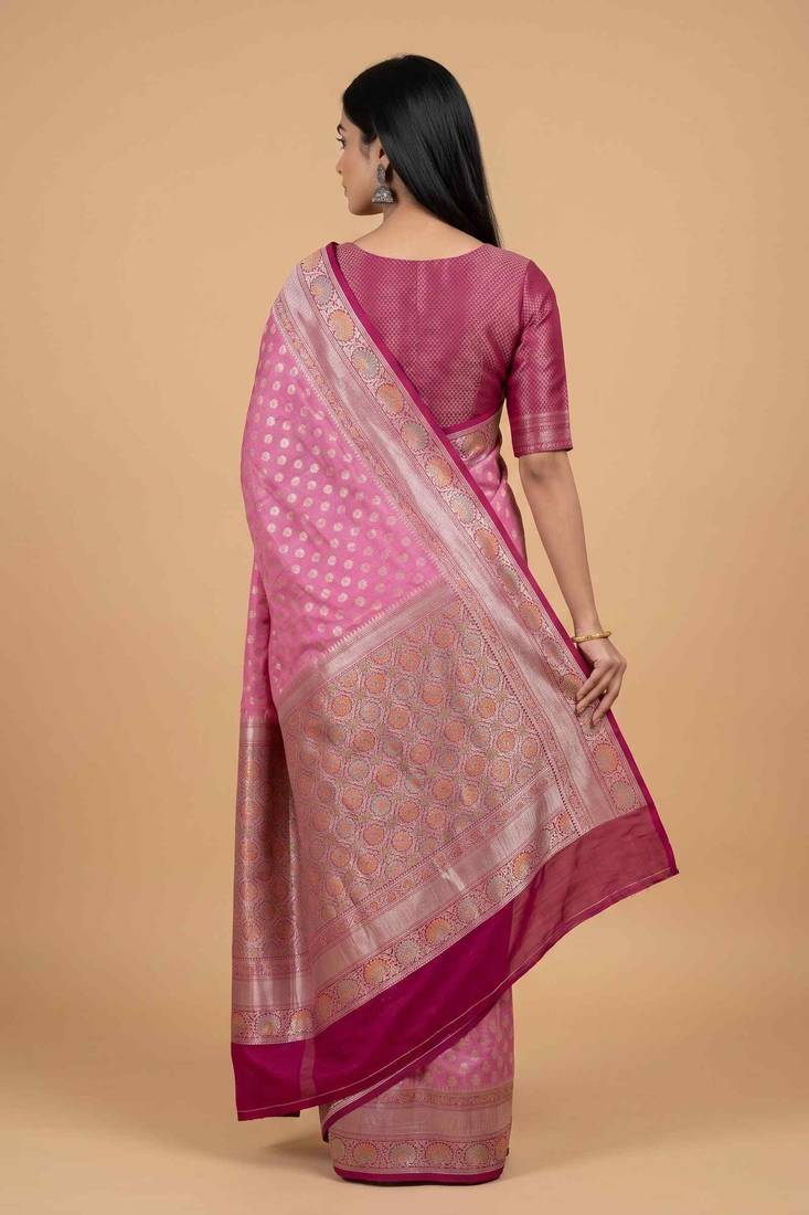 Pink cotton silk banarasi  saree with zari booti & rangkart  work