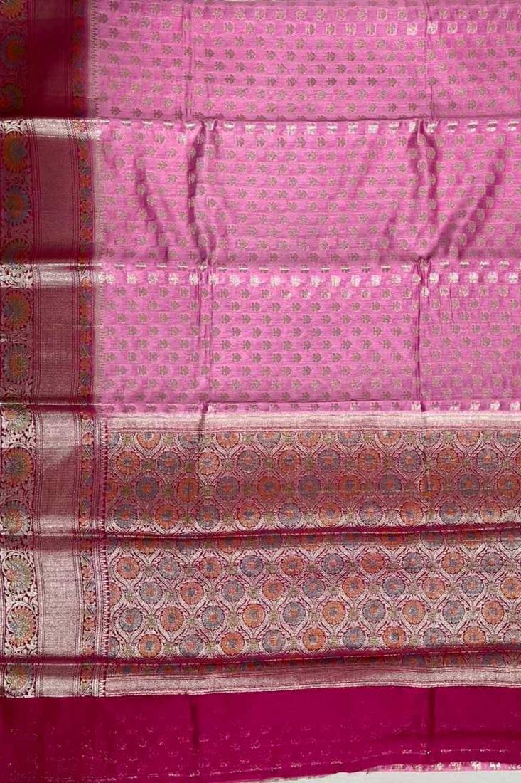 Pink cotton silk banarasi  saree with zari booti & rangkart  work