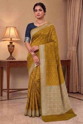golden banarasi silk blend blend saree with tringular boota work  1