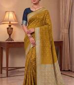 golden banarasi silk blend blend saree with tringular boota work 