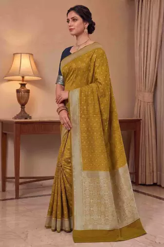 golden banarasi silk blend blend saree with tringular boota work 