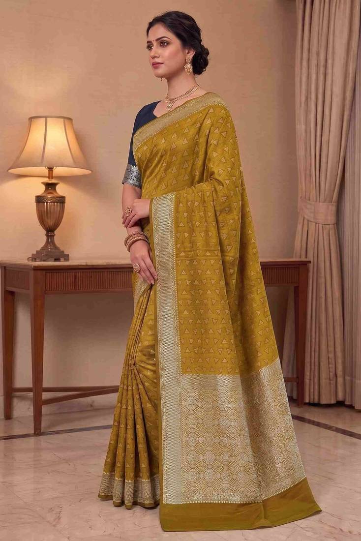 golden banarasi silk blend blend saree with tringular boota work 