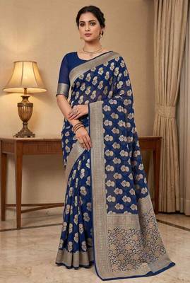 royal blue banarasi silk blend saree with floral zari rangkart work 1
