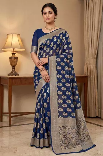 royal blue banarasi silk blend saree with floral zari rangkart work