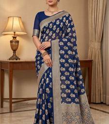 royal blue banarasi silk blend saree with floral zari rangkart work