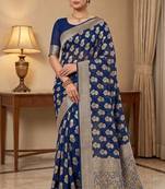 royal blue banarasi silk blend saree with floral zari rangkart work