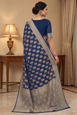 royal blue banarasi silk blend saree with floral zari rangkart work 2