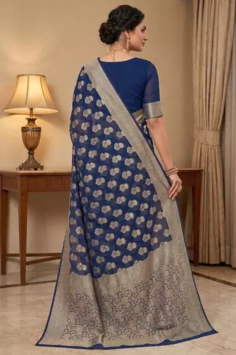 royal blue banarasi silk blend saree with floral zari rangkart work