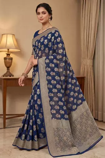 royal blue banarasi silk blend saree with floral zari rangkart work