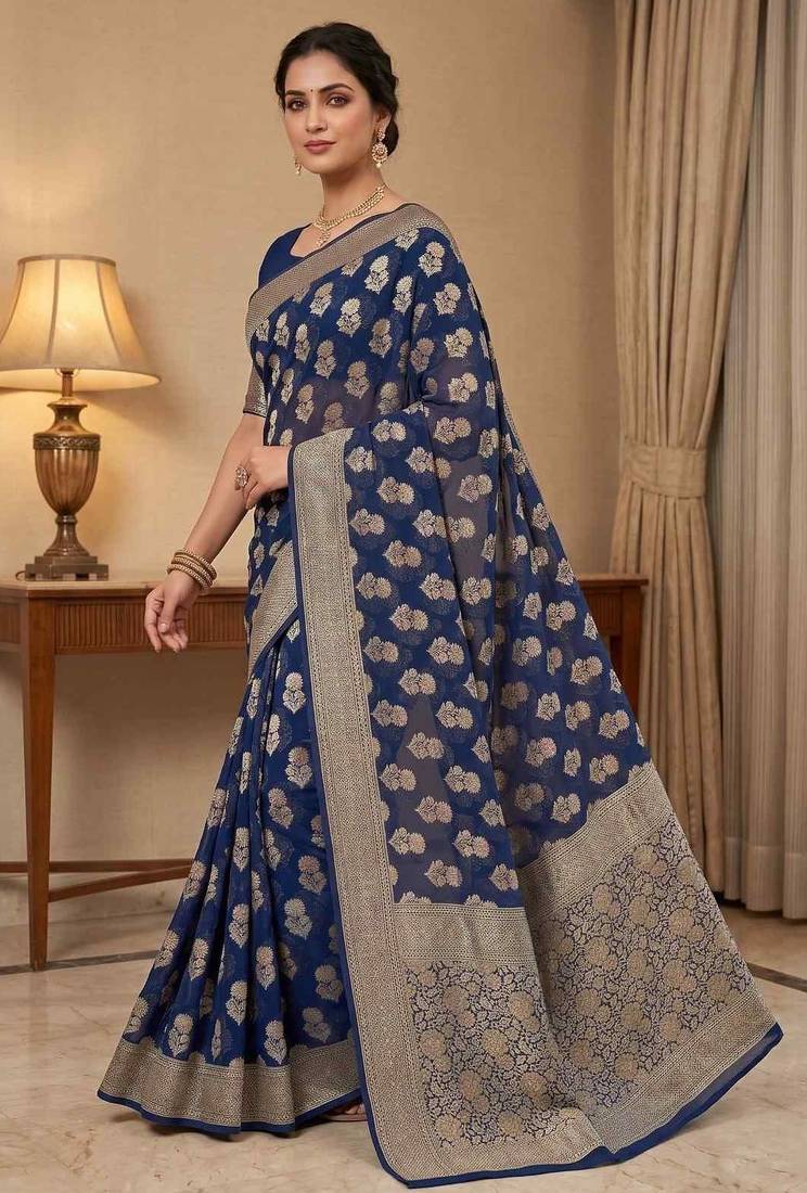 royal blue banarasi silk blend saree with floral zari rangkart work