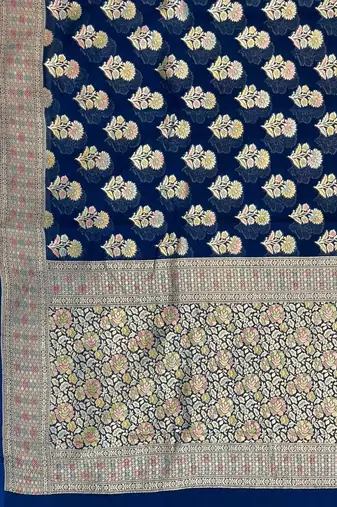 royal blue banarasi silk blend saree with floral zari rangkart work