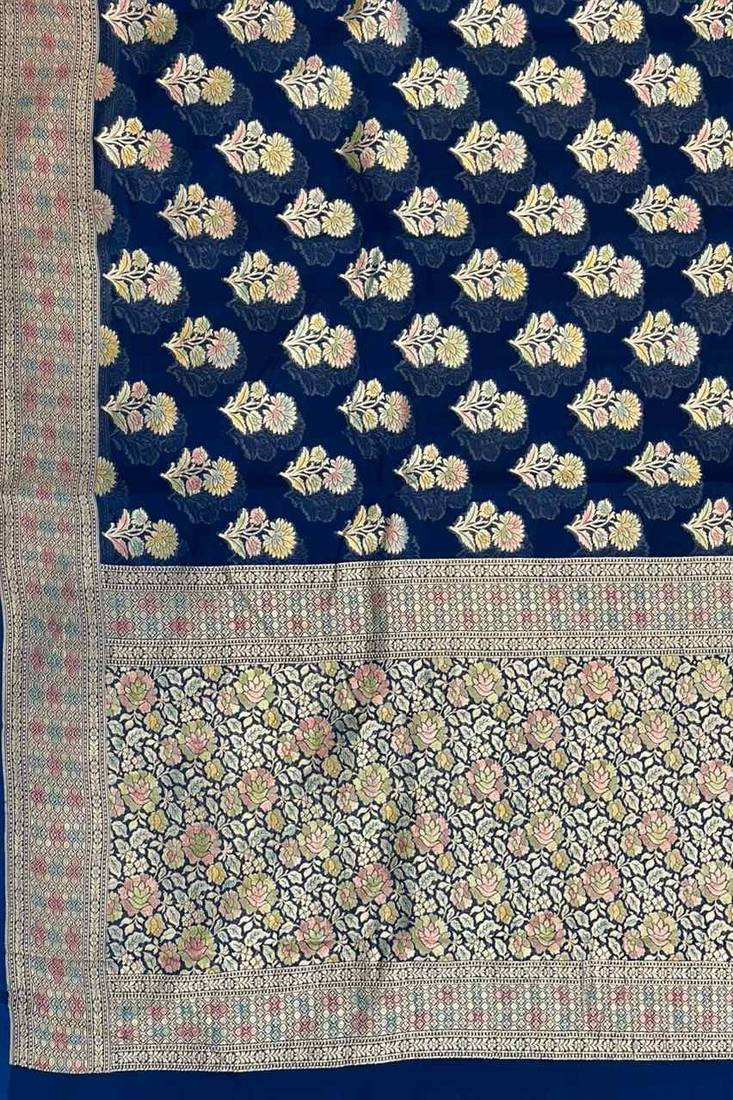 royal blue banarasi silk blend saree with floral zari rangkart work