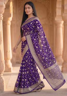 purple banarasi silk blend saree with floral zari rangkart work 1
