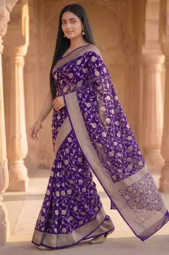 purple banarasi silk blend saree with floral zari rangkart work