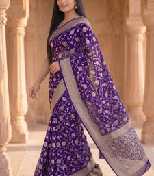 purple banarasi silk blend saree with floral zari rangkart work