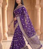 purple banarasi silk blend saree with floral zari rangkart work