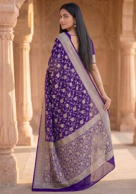 purple banarasi silk blend saree with floral zari rangkart work 2