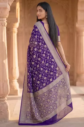 purple banarasi silk blend saree with floral zari rangkart work