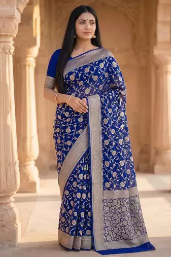 royal blue banarasi silk blend saree with floral zari rangkart work
