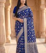 royal blue banarasi silk blend saree with floral zari rangkart work