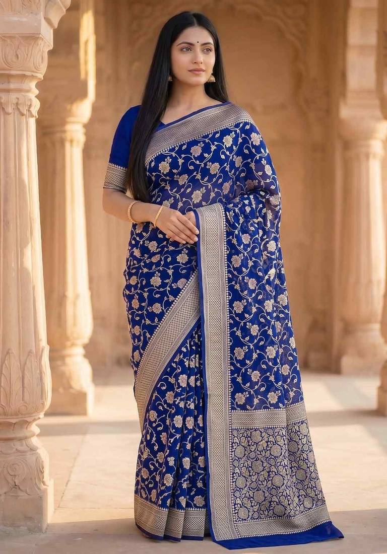 royal blue banarasi silk blend saree with floral zari rangkart work