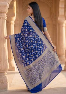 royal blue banarasi silk blend saree with floral zari rangkart work 2