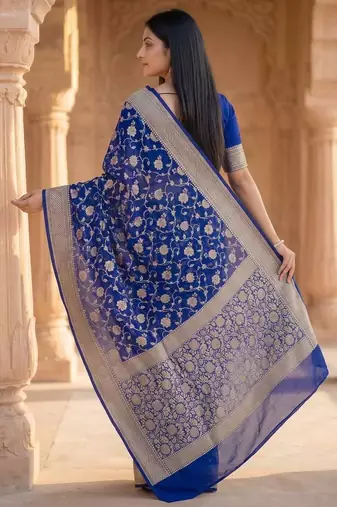 royal blue banarasi silk blend saree with floral zari rangkart work