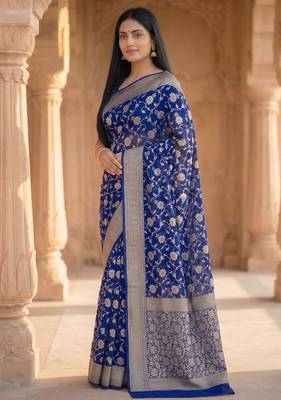 royal blue banarasi silk blend saree with floral zari rangkart work 3