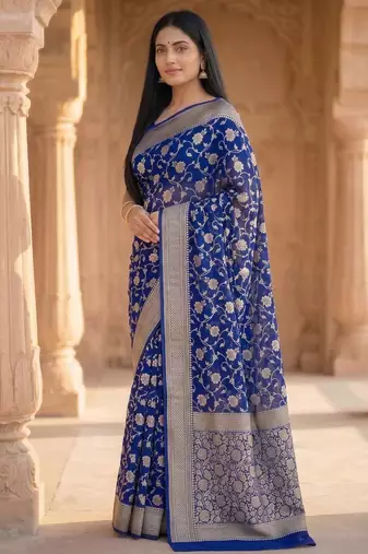 royal blue banarasi silk blend saree with floral zari rangkart work