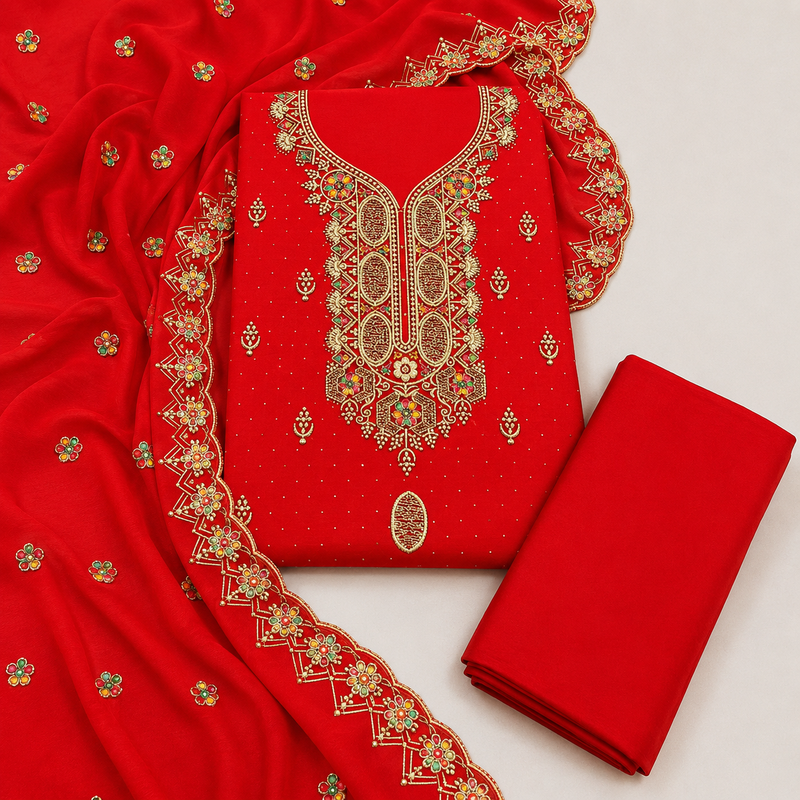 Women’s embroidered unstitched salwar suit dress material with dupatta