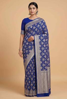  blue banarasi silk blend saree with floral zari & red minakari work 1