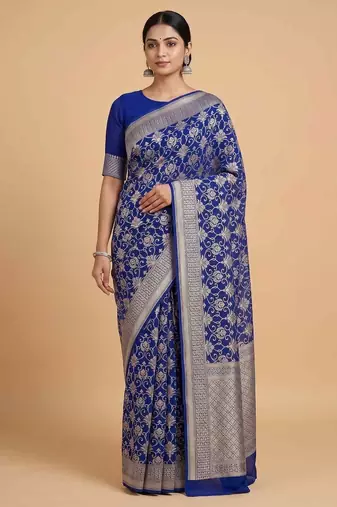  blue banarasi silk blend saree with floral zari & red minakari work