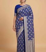  blue banarasi silk blend saree with floral zari & red minakari work