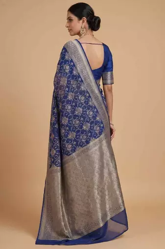  blue banarasi silk blend saree with floral zari & red minakari work