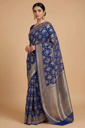  blue banarasi silk blend saree with floral zari & red minakari work