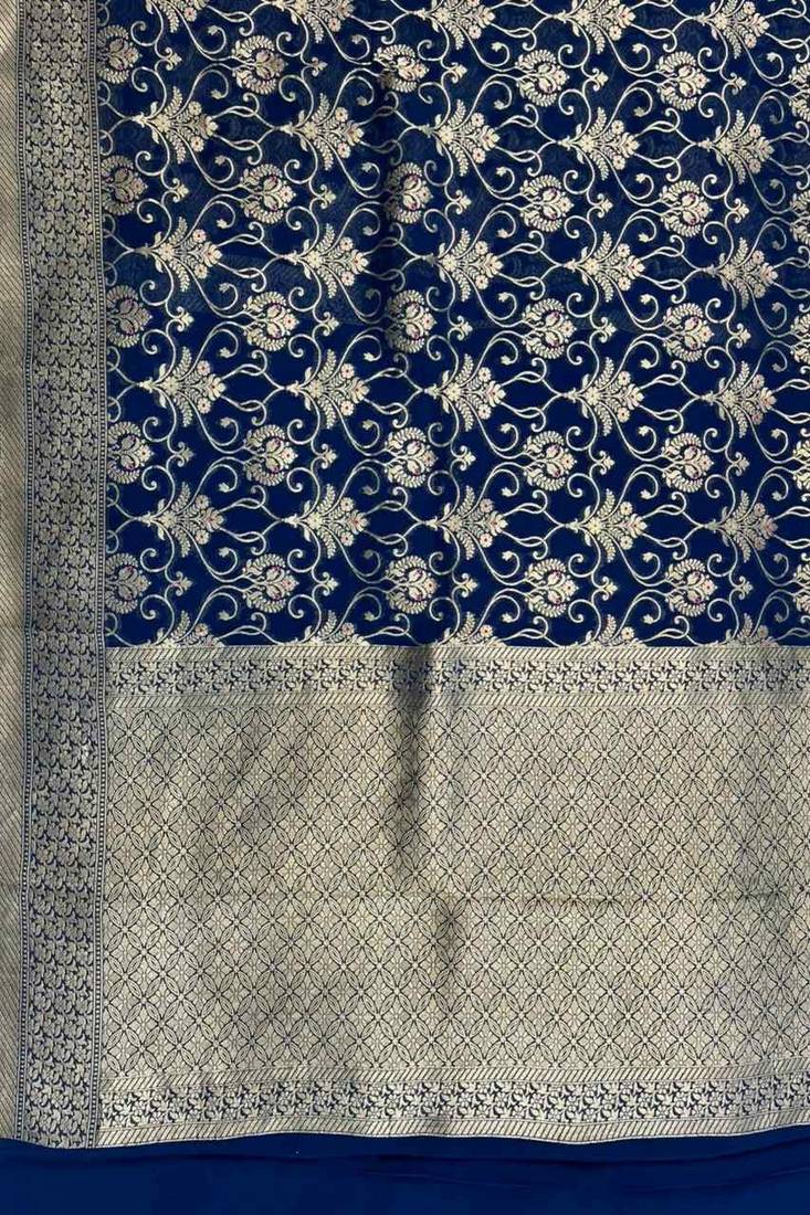  blue banarasi silk blend saree with floral zari & red minakari work
