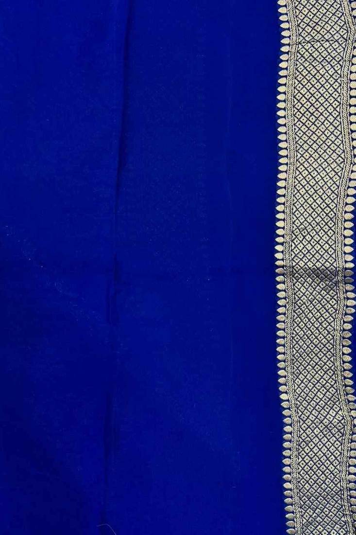  blue banarasi silk blend saree with floral zari & red minakari work