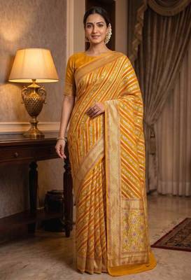 mustard banarasi silk blend saree with floral zari &  minakari work 1