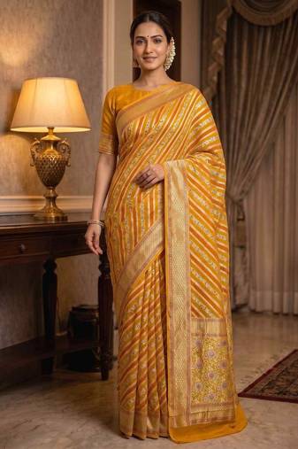 mustard banarasi silk blend saree with floral zari &  minakari work