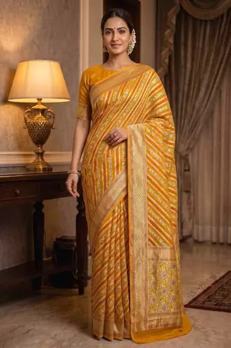 mustard banarasi silk blend saree with floral zari &  minakari work
