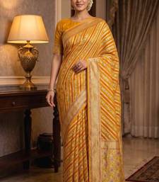 mustard banarasi silk blend saree with floral zari &  minakari work