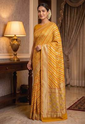 mustard banarasi silk blend saree with floral zari &  minakari work 2