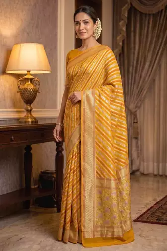 mustard banarasi silk blend saree with floral zari &  minakari work