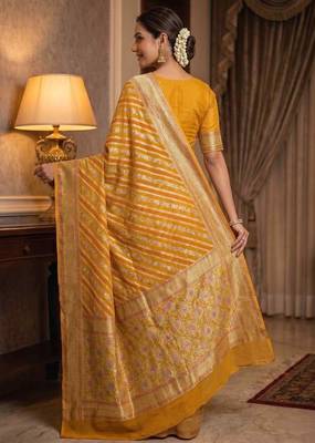 mustard banarasi silk blend saree with floral zari &  minakari work 3