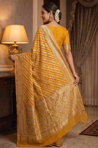 mustard banarasi silk blend saree with floral zari &  minakari work