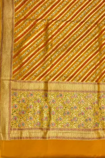 mustard banarasi silk blend saree with floral zari &  minakari work